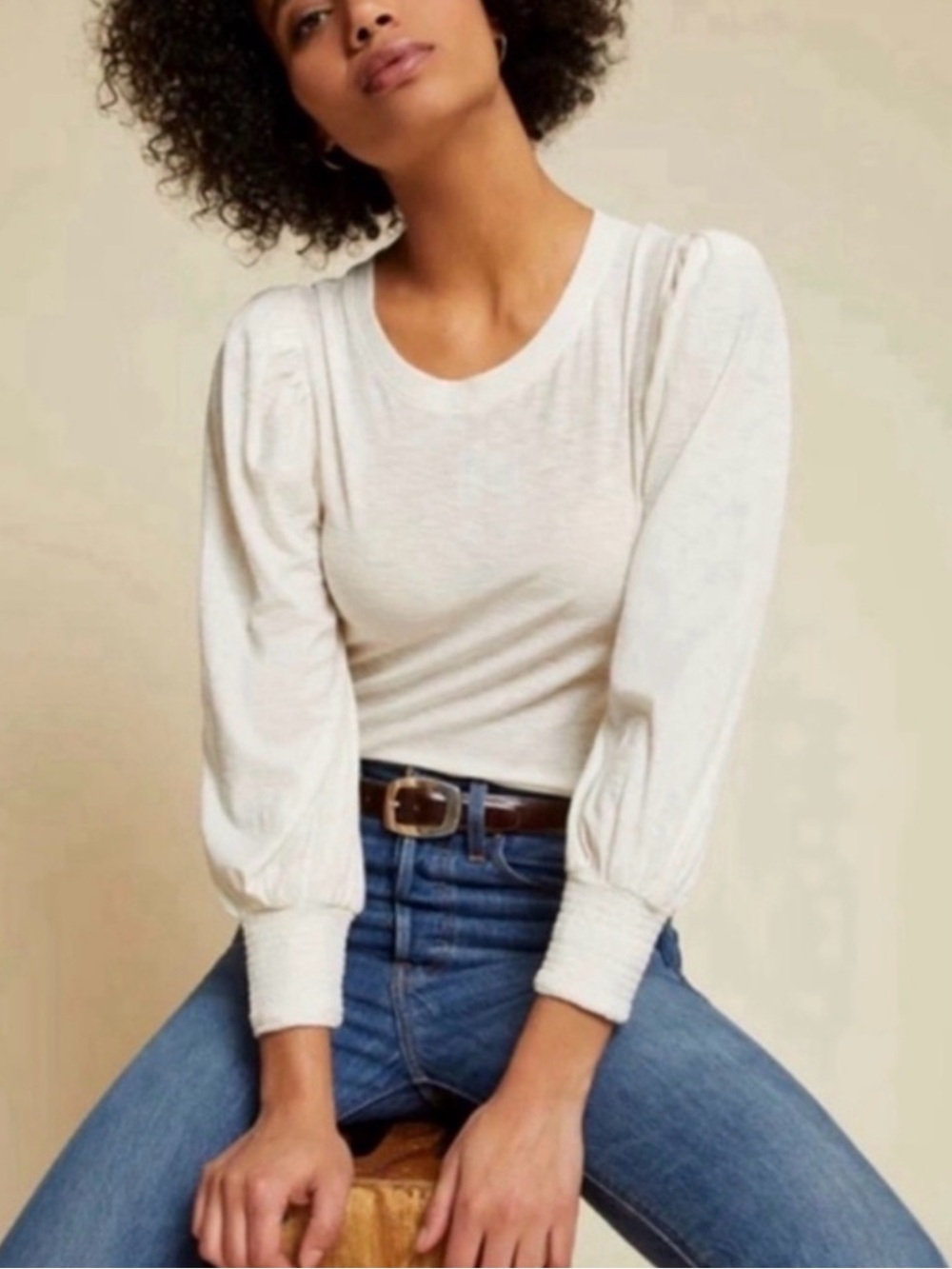 Nation Ltd Cream Puff-Sleeve Knit Top Size Small